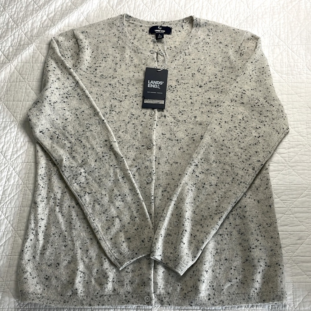 NWT Lands’ End speckled grey/black Donegal cashmere button cardigan L 14/16